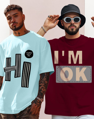 AOOSH Graphic Print Men Round Neck Light Blue, Maroon T-Shirt