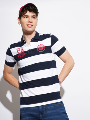 BEING HUMAN Striped Men Polo Neck White T-Shirt