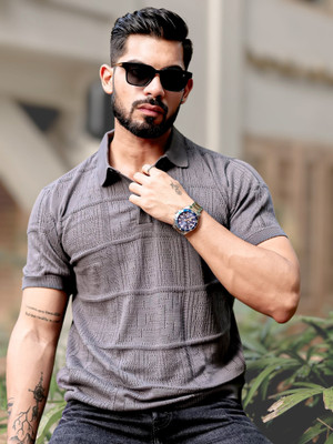MANIAC Self Design Men Polo Neck Grey T-Shirt
