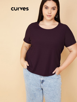 MAX Self Design Women Round Neck Purple T-Shirt
