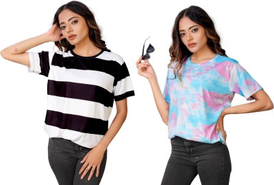 SHRIEZ Striped Women Round Neck Multicolor T-Shirt