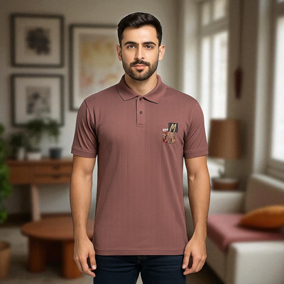 SmartyWorld Solid Men Polo Neck Brown T-Shirt