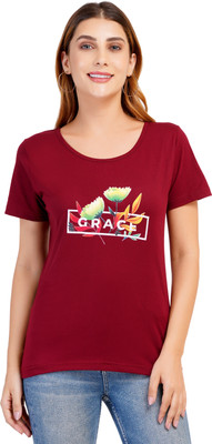 Romaisa Printed Women Round Neck Reversible Red T-Shirt