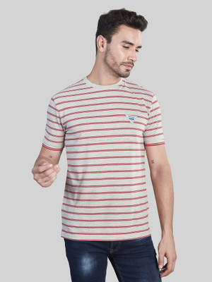 BE POSITIVE Striped Men Round Neck Red, Grey T-Shirt