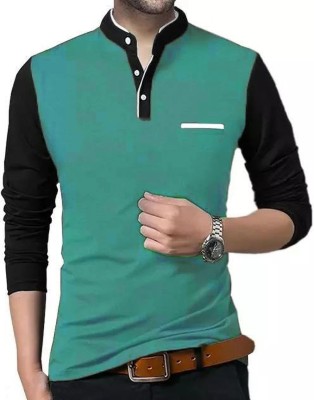 vescor Colorblock Men Mandarin Collar Light Green T-Shirt