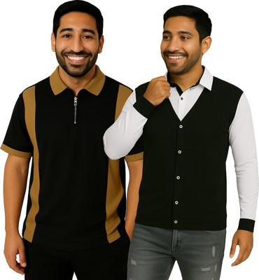 Try This Colorblock Men Polo Neck Blue T-Shirt