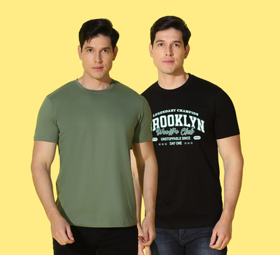 WOOSTRO Graphic Print, Solid Men Round Neck Black, Green T-Shirt