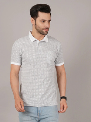 DAVNO Printed Men Polo Neck White, Grey T-Shirt