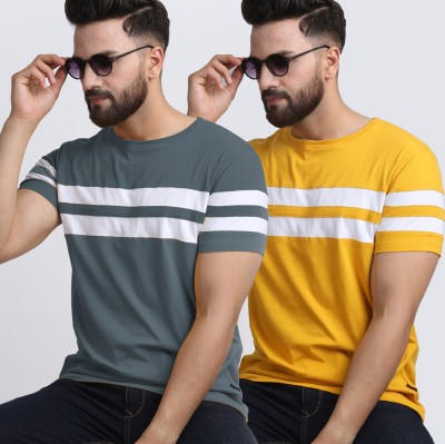 Diversify Striped Men Round Neck Yellow, Grey T-Shirt