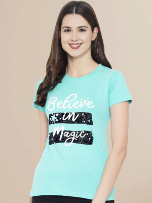 SZN Solid Women Round Neck Light Blue T-Shirt