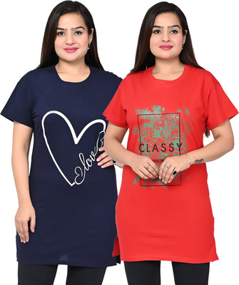 SK HOSIERY Printed Women Round Neck Navy Blue T-Shirt