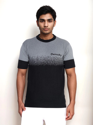 higglerr Self Design Men Round Neck Grey, Black T-Shirt