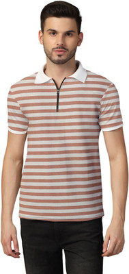 tfurnish Striped Men Polo Neck Maroon, Beige T-Shirt