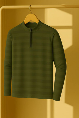 KASPY Striped Men Zip Neck Dark Green T-Shirt
