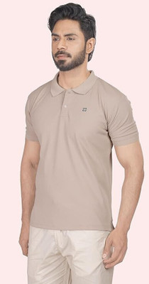 24 Street Solid Men Polo Neck Beige T-Shirt