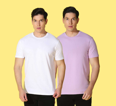 WOOSTRO Solid, Printed Men Round Neck White, Pink T-Shirt