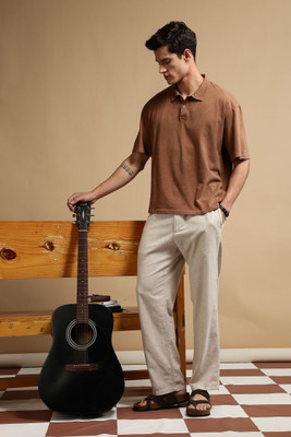 Eszett Solid Men Polo Neck Brown T-Shirt