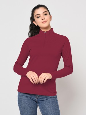 METRONAUT Solid Women High Neck Maroon T-Shirt