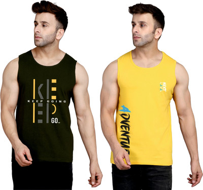 SLOWLORIS Printed Men Round Neck Dark Green, Yellow T-Shirt