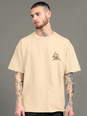 Jump Cuts Printed Men Round Neck Beige T-Shirt