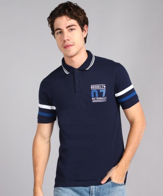 METRONAUT Printed Men Polo Neck Dark Blue T-Shirt