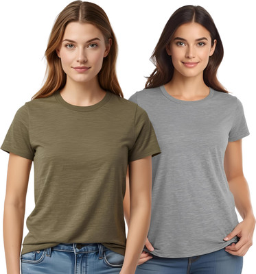 SHARXTRENDS Solid Women Round Neck Black, Grey T-Shirt
