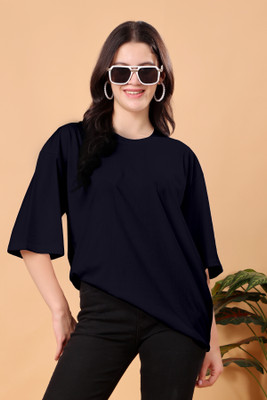 SWIFTLY Solid Women Round Neck Blue T-Shirt