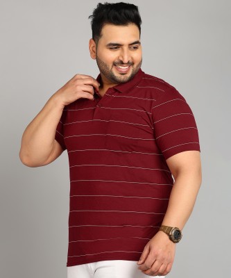 INKKR Striped Men Polo Neck Maroon T-Shirt