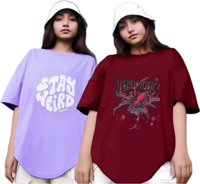 Xsware Printed Women Round Neck Purple, Maroon T-Shirt