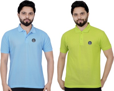 La Milano Self Design Men Polo Neck Light Green, Blue T-Shirt