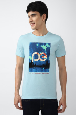 PETER ENGLAND Printed Men Round Neck Blue T-Shirt