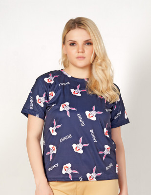 ANFAFAB Printed Women Round Neck Blue T-Shirt