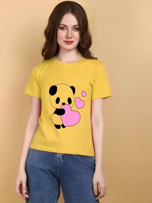 Lecowar Printed Women Round Neck Yellow T-Shirt