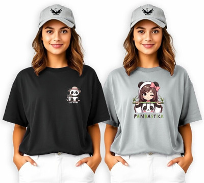 INFIRAX Printed Women Round Neck Grey, Black T-Shirt