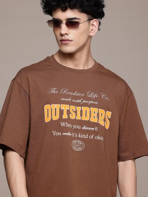 Roadster Printed Men Round Neck Brown T-Shirt