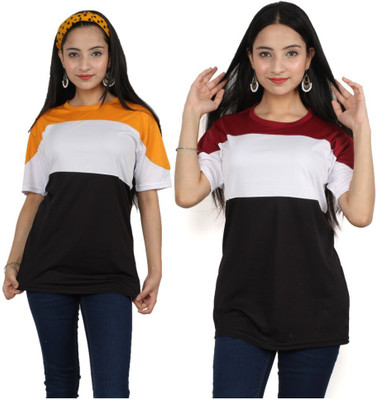 Oishee Printed Women Round Neck Maroon, Yellow T-Shirt
