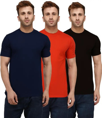 Brainbees Solid Men Round Neck Dark Blue, Orange, Black T-Shirt