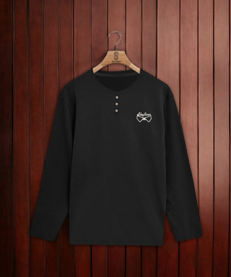 SKYBEN Printed Men Henley Neck Black T-Shirt