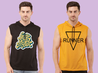 Zxomillo Printed Men Hooded Neck Black, Yellow T-Shirt