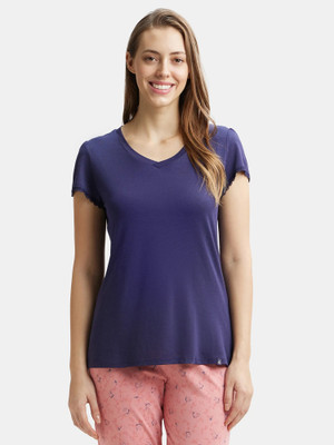 JOCKEY Solid Women V Neck Blue T-Shirt