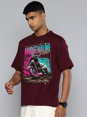 R.Code by The Roadster Life Co. Printed Men Round Neck Maroon T-Shirt