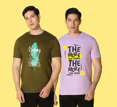 WOOSTRO Printed, Solid Men Round Neck Dark Green, Pink T-Shirt