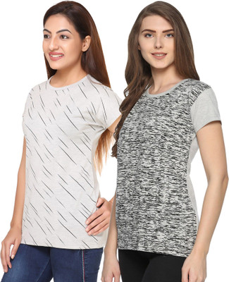 SHAUN Self Design Women Round Neck Grey T-Shirt
