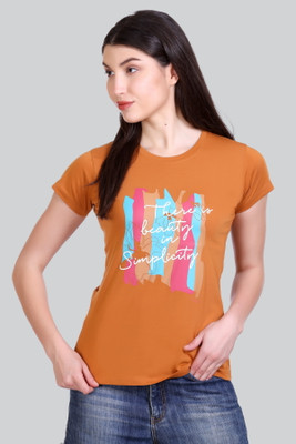 A & Y Printed Women Round Neck Brown T-Shirt