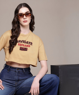 Roadster Printed Women Round Neck Beige T-Shirt