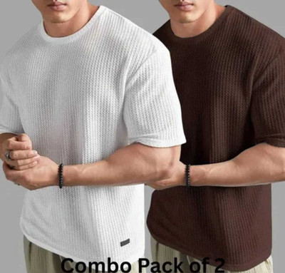 BOOM BAAM Solid Men Round Neck White, Brown T-Shirt