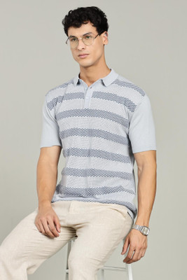 Color Hunt Striped Men Polo Neck Light Blue T-Shirt