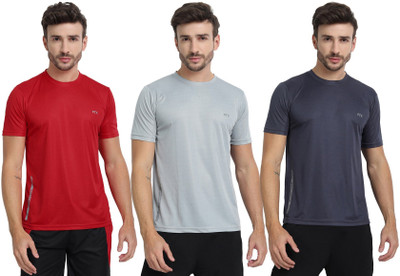 FTX Solid Men Round Neck Silver, Red, Grey T-Shirt