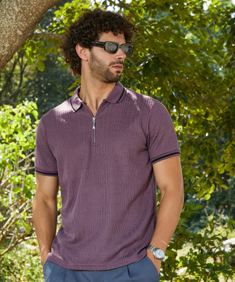CAMPUS SUTRA Striped Men Polo Neck Purple T-Shirt