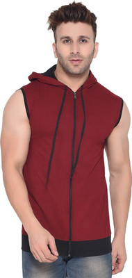 GEUM Solid Men Hooded Neck Maroon, Black T-Shirt